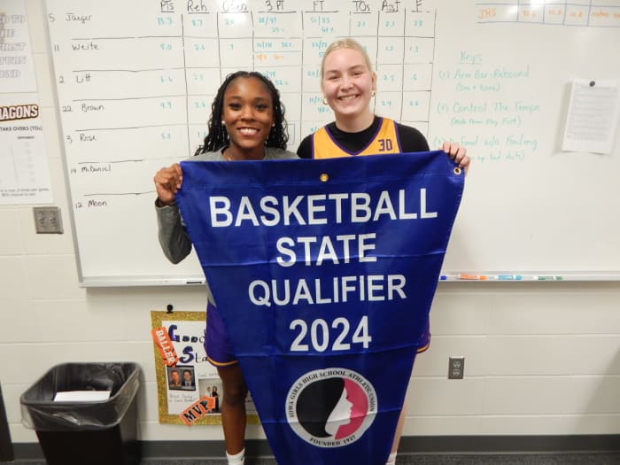 Johnston seniors Aaliyah Riley (left) and Aili Tanke have been a big part of Johnston's recent domination in Iowa's biggest classification of girls high school basketball. (Photo by John Naughton)